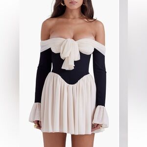 Elegant Off-Shoulder Black and Cream Mini Dress